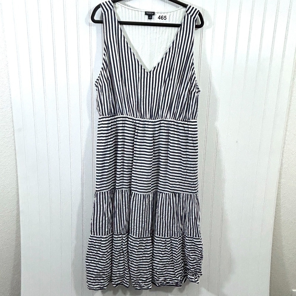 Torrid Midi Dress Navy Blue White Stripe Challis V Neck Self Tie Tiered Size 3X - Picture 2 of 6